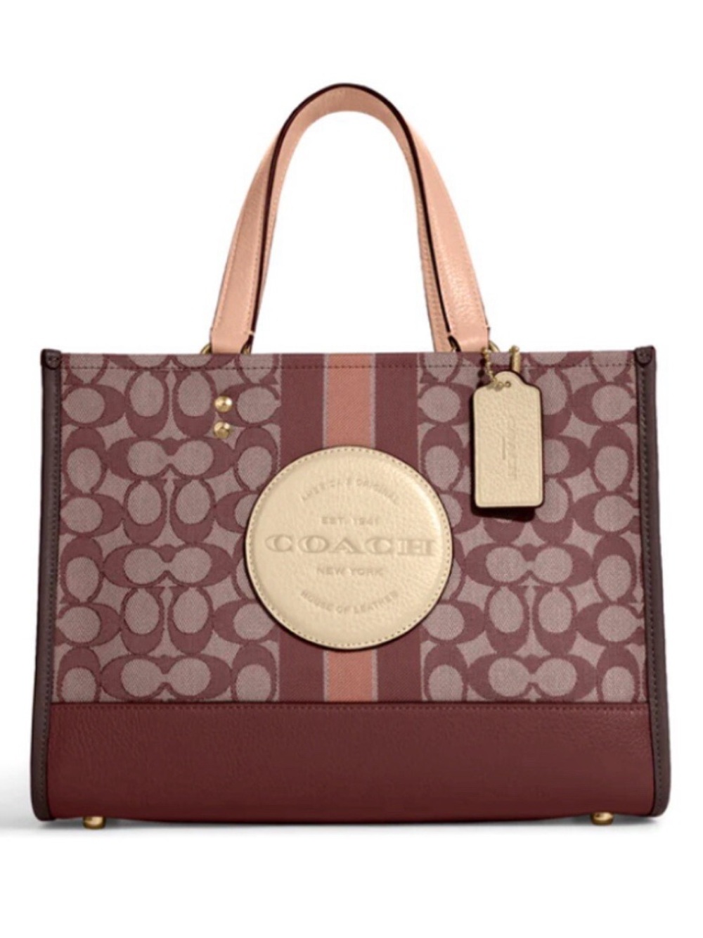 Coach Maroon and Blush Signature Stripe Tote
